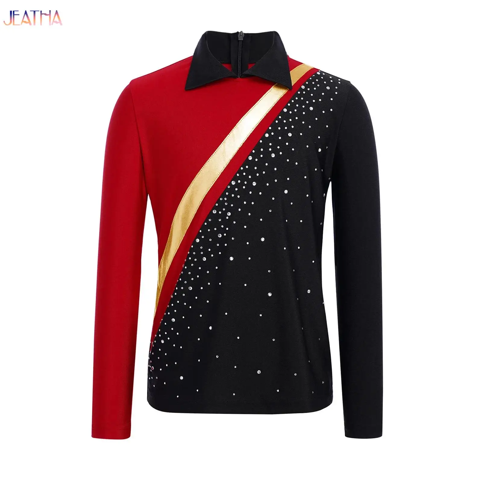 

Big Boys Figure Ice Skating Dance Tops Long Sleeve Rhinestones Tops Acrobatics Gymnastics Dance Performance Training Clothes