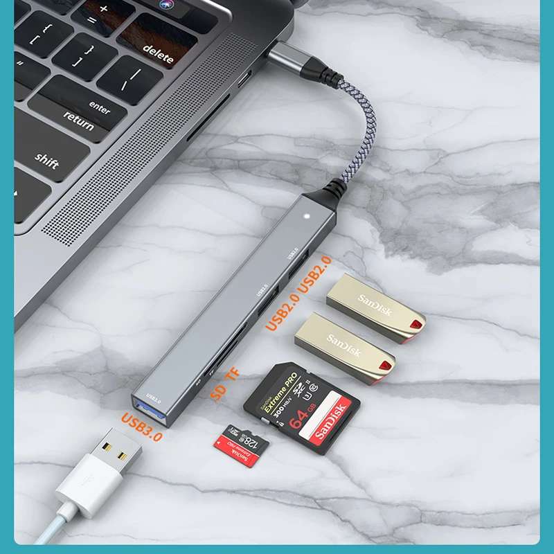 Высокоскоростной разветвитель USB 3,0 типа C, 5 в 1, разветвитель, кардридер, многопортовый с портами SD, TF для Macbook, компьютерный аксессуар, концентратор USB