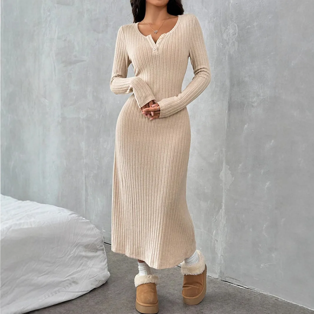 

Women dress 2024 autumn and winter elegant temperament slim v-neck solid color sweater dress