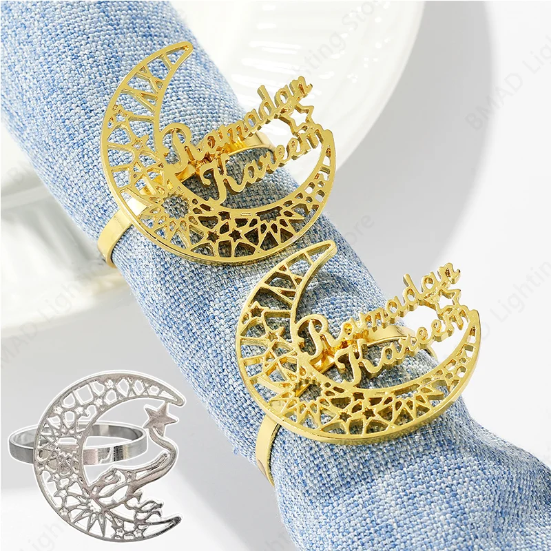 Ramadan Eid Family Party Decor Metal Stars Moon Napkin Rings Golden Napkin Rings Islamic 2026 Mubarak Celebration Table Supplies