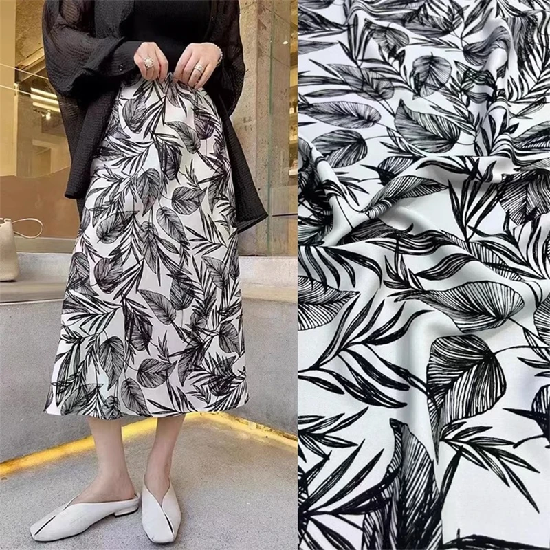 Classic Fashion Product Fresh Elegant Leaf Print Elastic Double Qiao Crepe Silk Material Luxury Half Skirt Shirt Mulberry Fabric