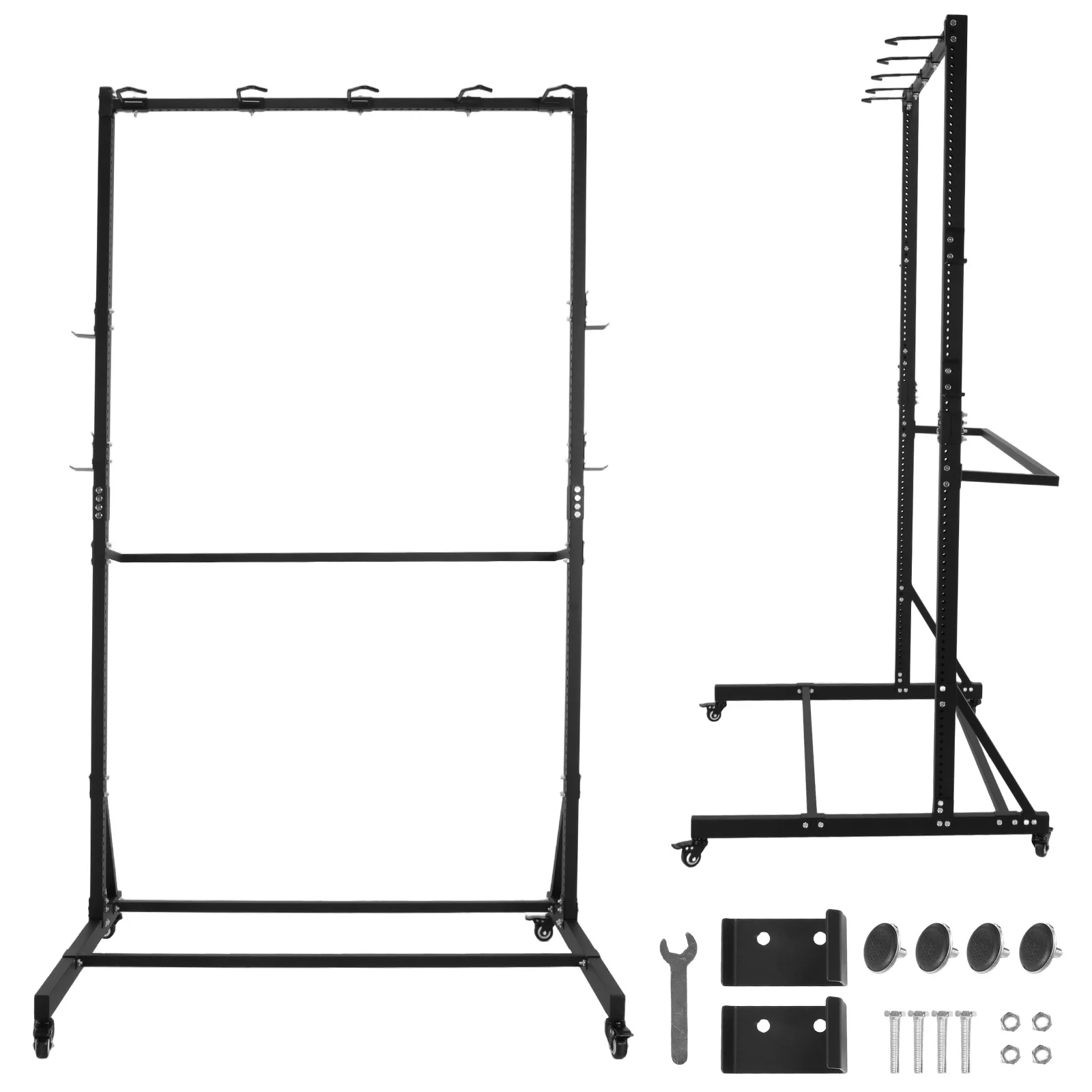 

Floor Bike Storage Rack with Locking Casters & 6 Hooks Heavy Duty Bike Hanger Holds Up To 5 Bikes Height Adjustable for Garage