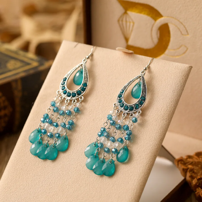 Vintage Bohemian Crystal Water Drop Earrings for Women Elegant Long Silver Color Vacation Style Earring Party Daily Jewelry