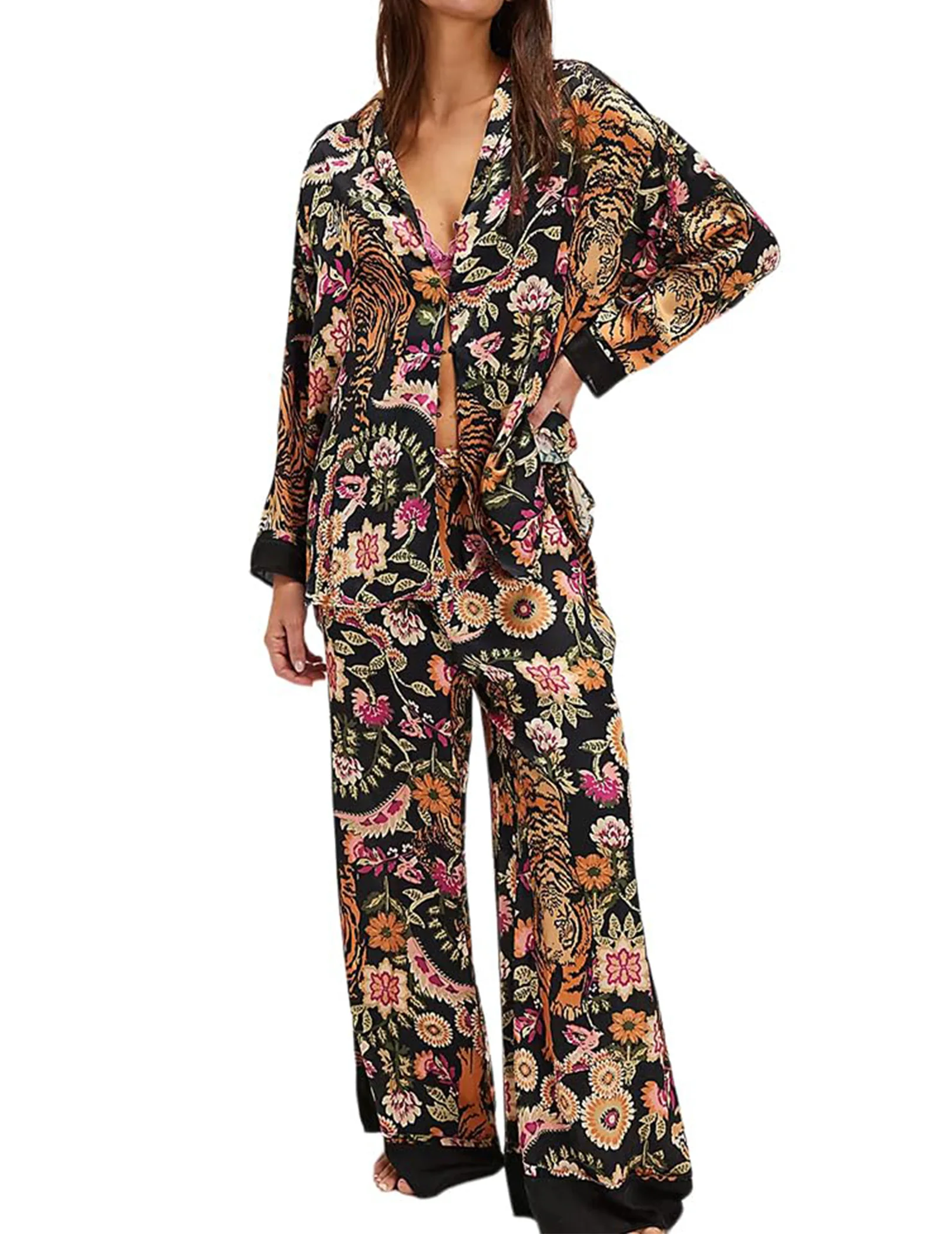

Women Satin Pajamas Set Wide Leg Pants Button Down Loungewear