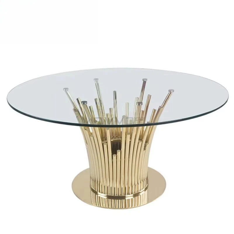 European Style Round Coffee Table Transparent Tempered Glass Top with Golden Stainless Steel Base Home Furniture