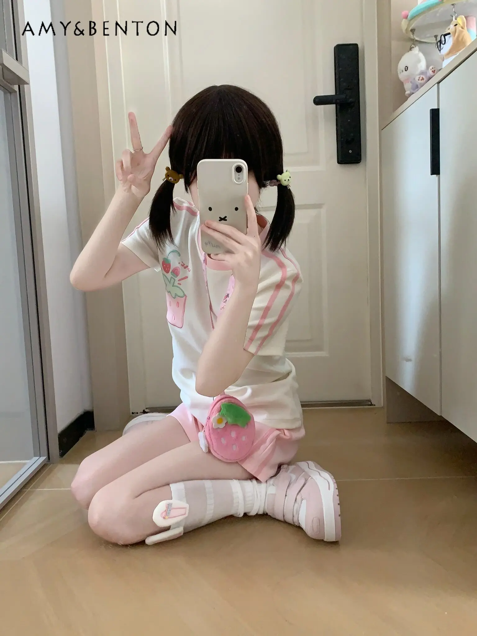 

2026 Summer Kawaii Strawberry Print Two Piece Set Women Cute Pink Casual T-Shirt and Shorts Sweet Y2K Streetwear Loungewear
