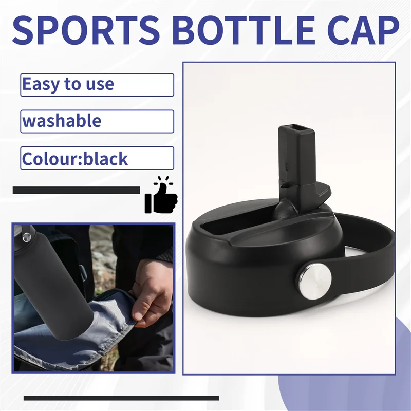 

N96R 2 Pack Straw Lid For Hydro Flask Wide Mouth 12Oz 18Oz 32Oz 40Oz 64Oz, Flexible Handle Replacement Lid Straws Black PP+TPR