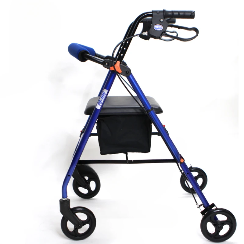 The elderly can sit on a walking cart, and the elderly can walk with a four-wheeled walker, and take a seat to buy groceries