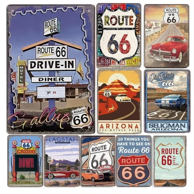 Vintage  Route 66 Poster Metal Tin Sign Retro Road Signs Car Metal Plaque for Garage Bar Club Gas Station 8 X 12 Inch