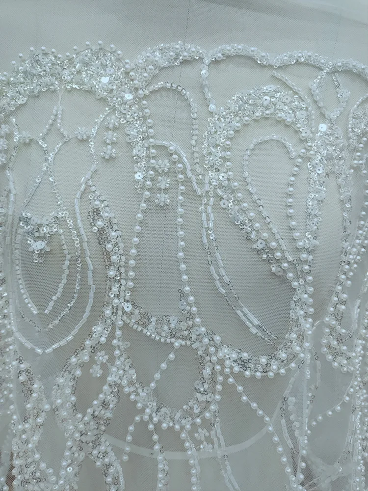 

Heavy Duty Embroidered Circle Pearls Lace Fabric Beaded Sequin Tulle Wedding Evening Dresses DIY Embellishments Floral Material