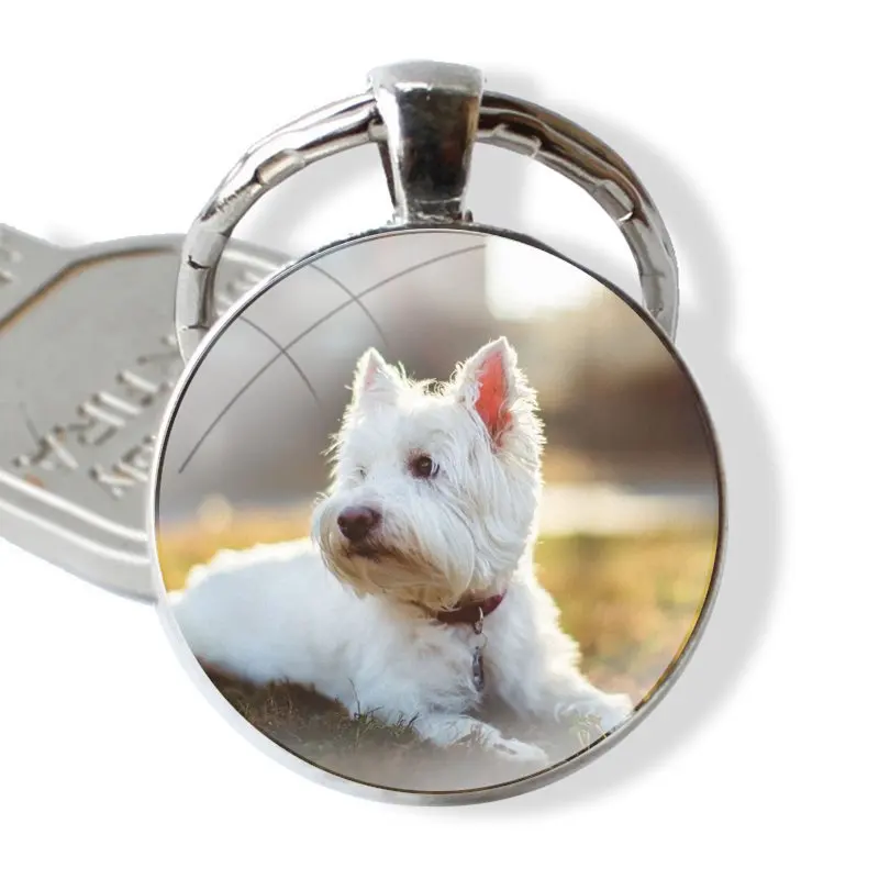 West Highland Terrier Westie Dog Glass Metal Pendant Key Chain Classic Men Women Key Ring Accessories Jewelry Gifts