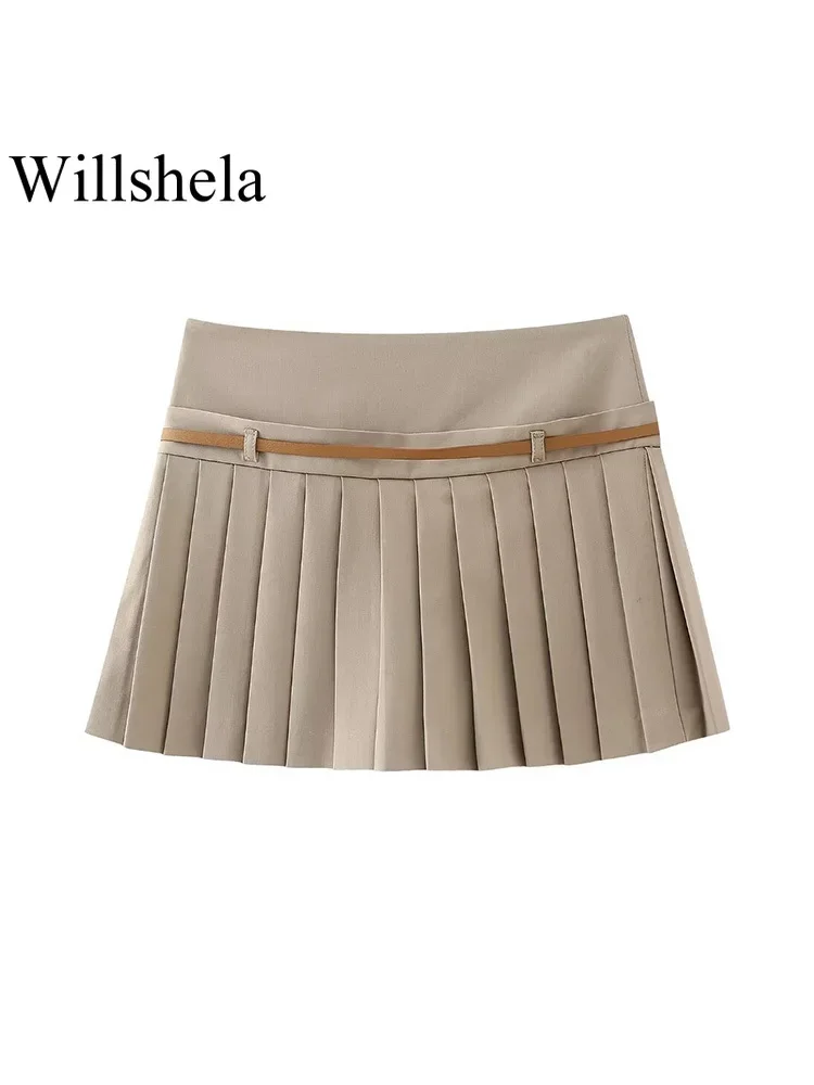 Willshela Women Fashion With Belt Solid Pleated Side Zipper Mini Skirts Shorts Vintage High Waist Female Chic Lady Shorts