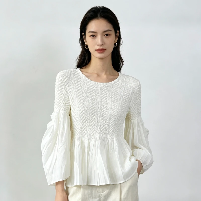 YUDX Miyake Pleated Women Textured Ruched Bell Sleeve Blouse Loose Fit Solid Color Casual Daily Wear Breathable Top New Arrival