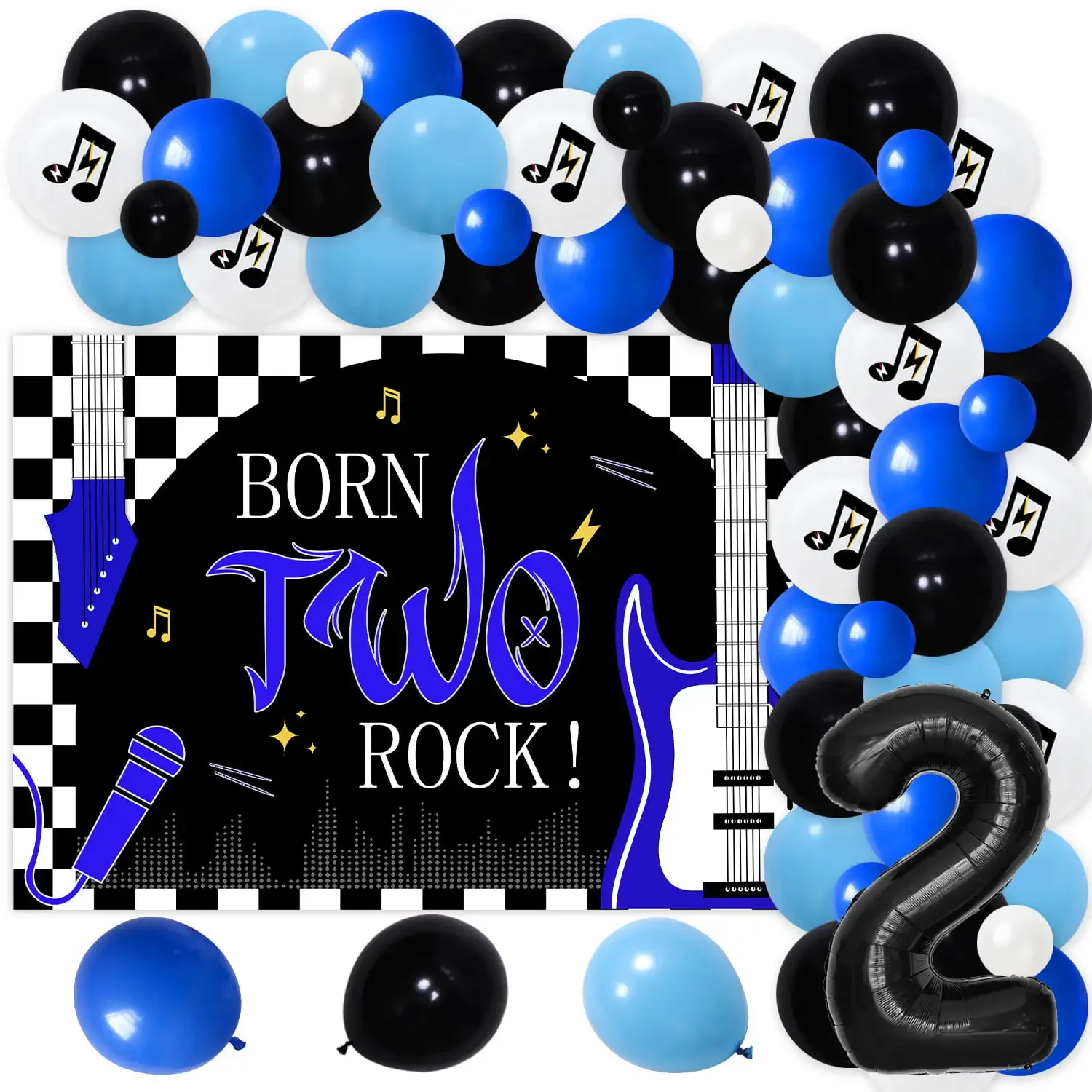 

Украшение для дня рождения Born Two Rock, мальчик Blue Rock and Roll, аксессуары для второго дня рождения с фоновой гитарой, искусственная арка