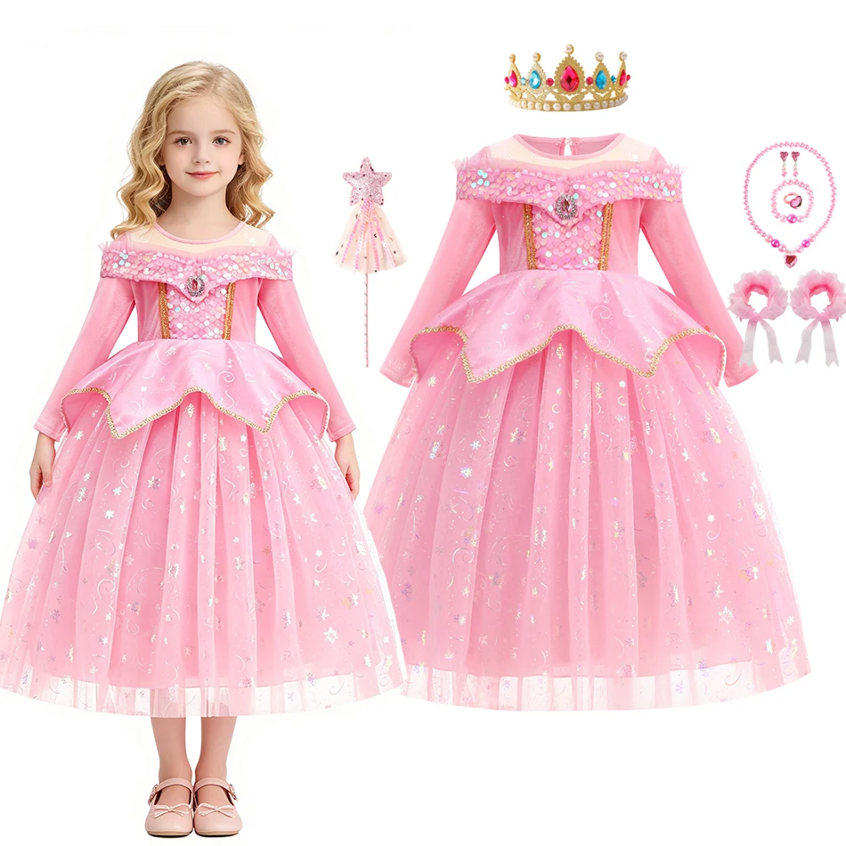 Kids Sleeping Beauty Princess Ball Gown Long Sleeve Sequin Bodice Glitter Tulle Dress Girls Fancy Outfit for Birthday Halloween