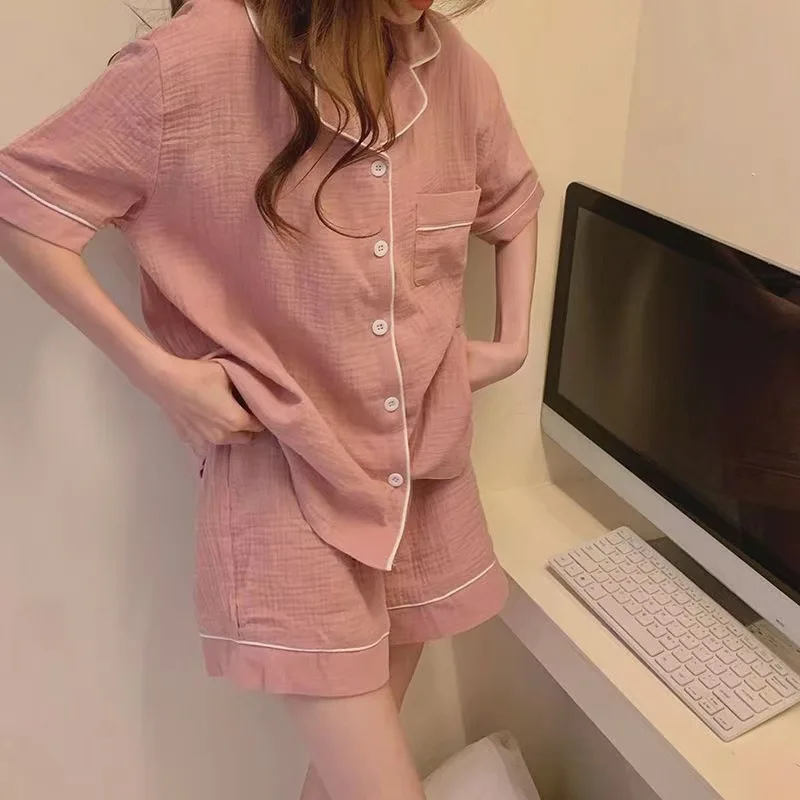 Women's Summer Pajamas, Short-Sleeve and Shorts, Sweet and Simple, Solid Color, Collared Cardigan, Loose Fit, Casual Home Wear image 6