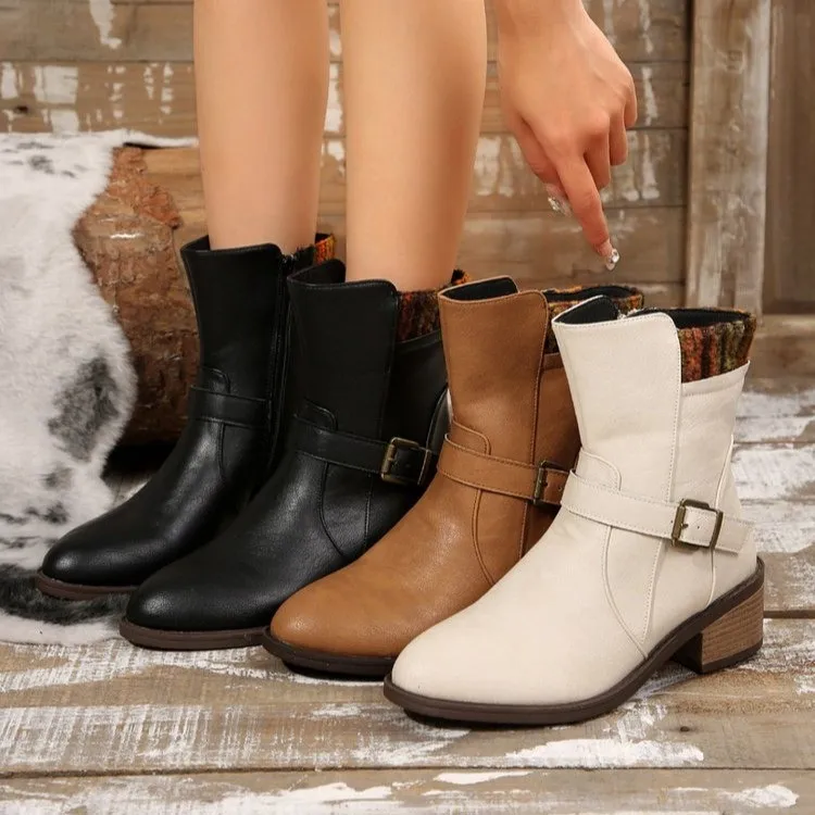 

2025 New Women's Cowboy Boots Thick High Heels Pointed Toe Buckle Ankle Boots Women's Cossack Autumn and Winter Women's Shoes