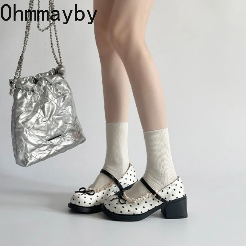 Cute Polka Dot Thick Heel Women Mary Jane Shoes Comfort Shallow Strap Pumps Ladies Eelgant Butterfly-knot Dress Single Shoes view 2