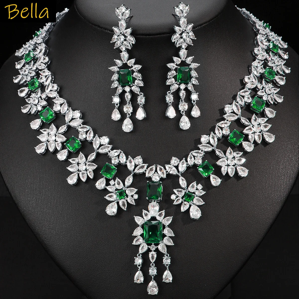 

luxury jewelry sets 2pcs wedding bride necklace earrings red green blue white zircon evening party jewelry anniversary gift