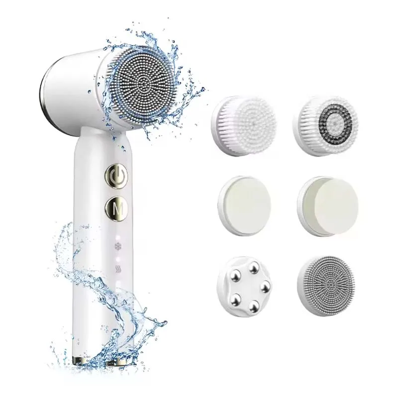 6 In 1 Electric Facial Cleansing Brush 360° Rotation Hot Cold Compress Ultrasonic Skin Scrubber IPX6 Waterproof LED Display
