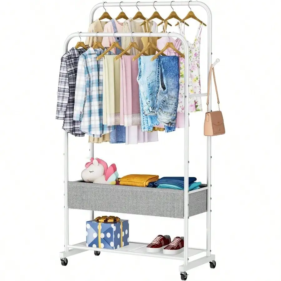 Clothes Garment Coat Rack Drying Clothing Racks Metal Freestanding Hanging Clothes Portable Closet Laundry Bedroom White