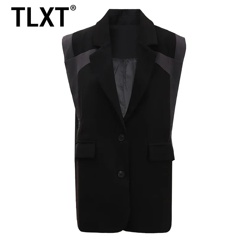 

TLXT Black Single Breasted Color-block Big Size Elegant Vest Women New Lapel Sleeveless Fashion Spring Autumn 2024 XK1084