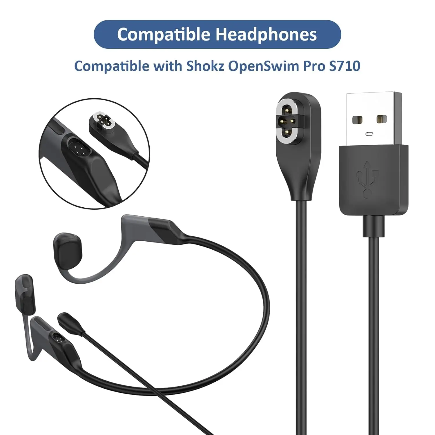 USB C Charging Cable for Shokz OpenSwim Pro Bone Conduction Headphone USB-A to Magnetic Charger Cord for Aftershokz S710 Headset