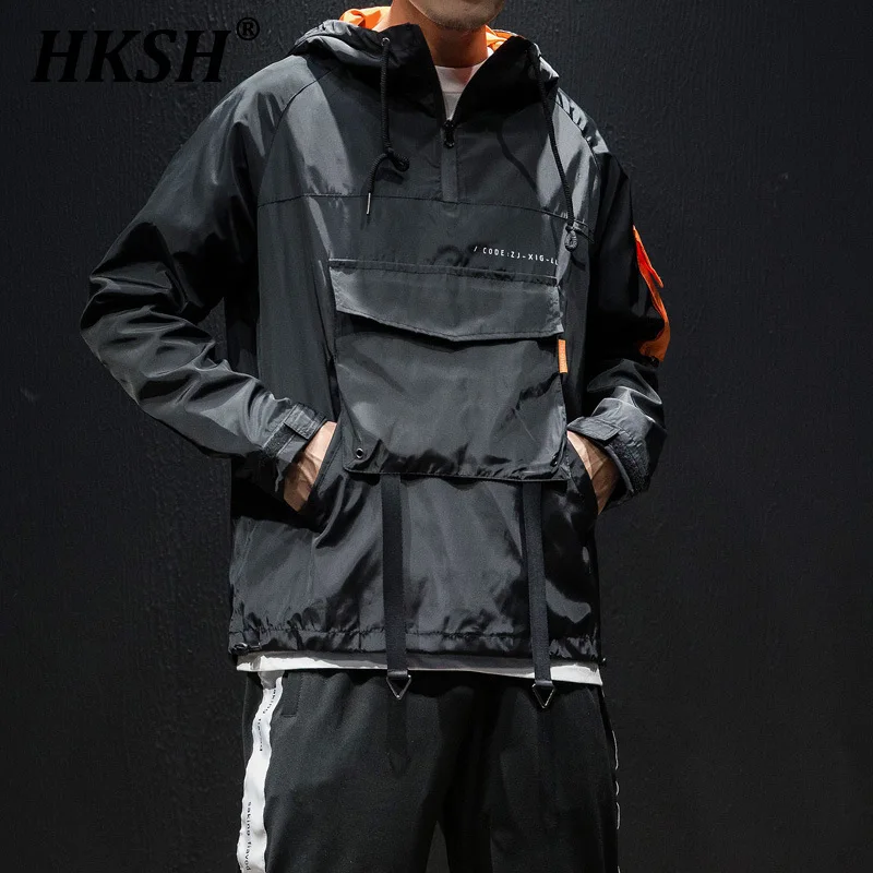 

HKSH Spring Autumn Winter Men's Tide Outdoor Jackets Hooded Pullover Spliced High Street Chic Safari Style Japanese Coats HK1738