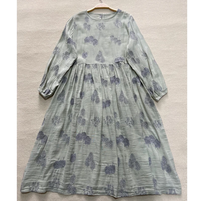 Johnature 2024 Summer New Japanese Linen Embroidery Floral Dress Women Vintage O-neck Loose Solid Color Female Dresses