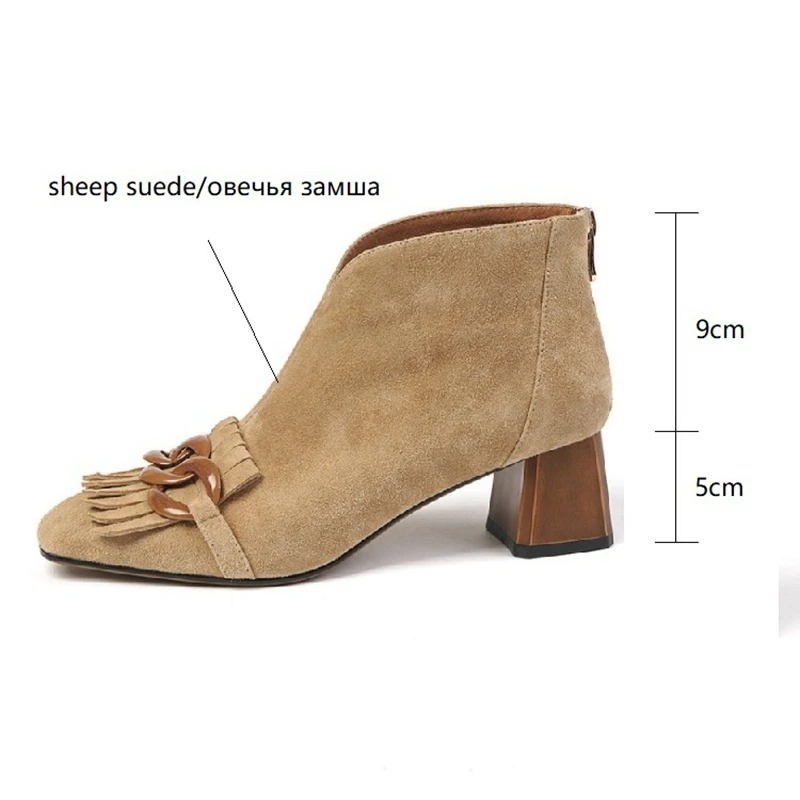 NEW Women Boots Sheep Suade Round Toe Square Heel Mid-Heel Ankle Boots Fringed Zipper Fashion Solid Office Lady Shoes Plus Size