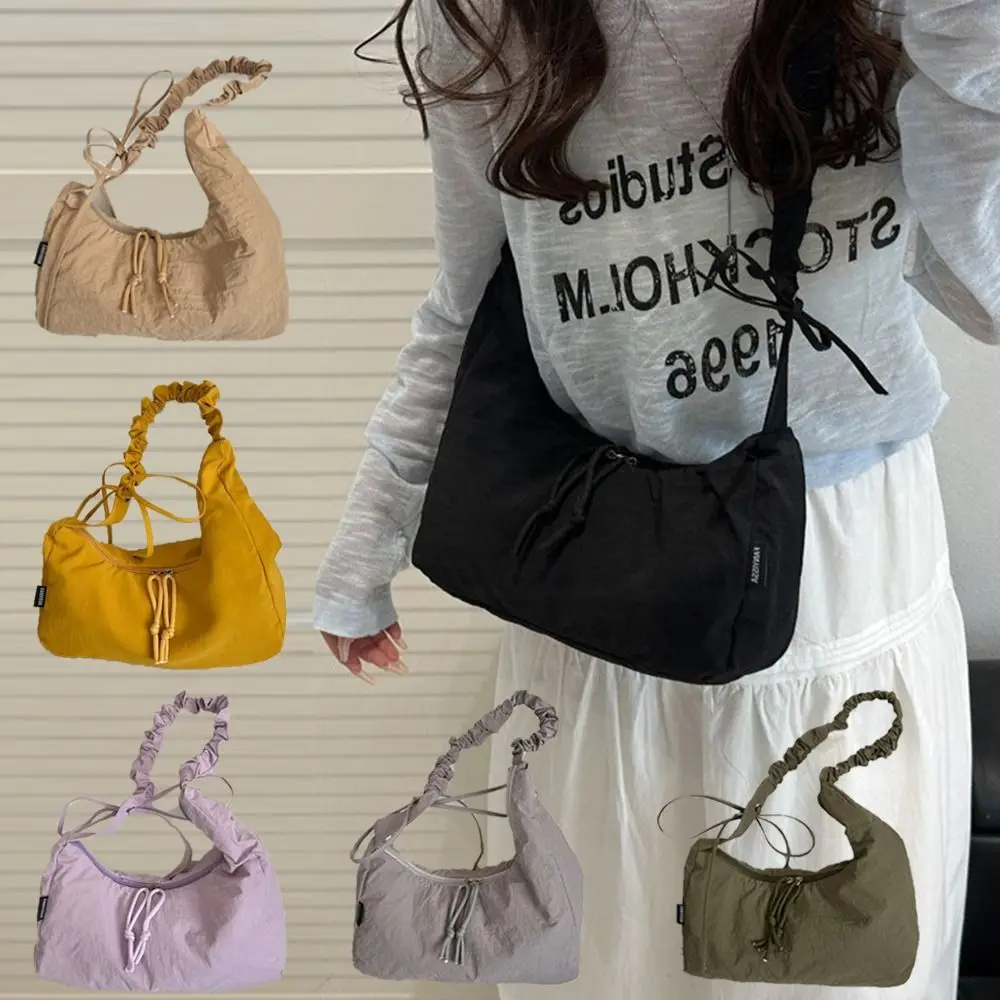 

Fashion Lightweight Pleated Dumpling Bag Nylon Large Capacity Drawstring Bag Solid Color Casual Women's Shoulder Bag Ladies