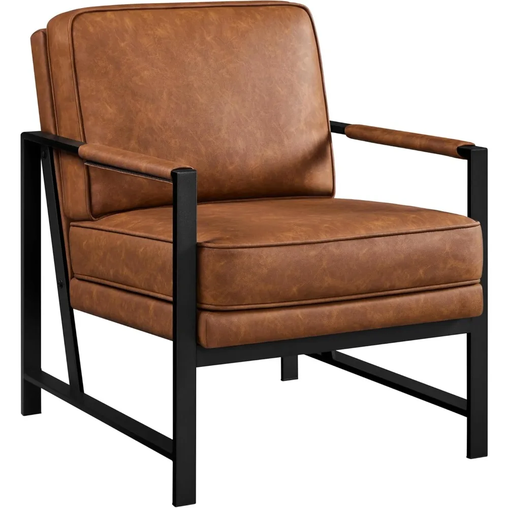 

PU Leather Armchair, Retro Leisure Accent Chair with Extra Soft Padded and Cushion, Modern Reading Arm Chair