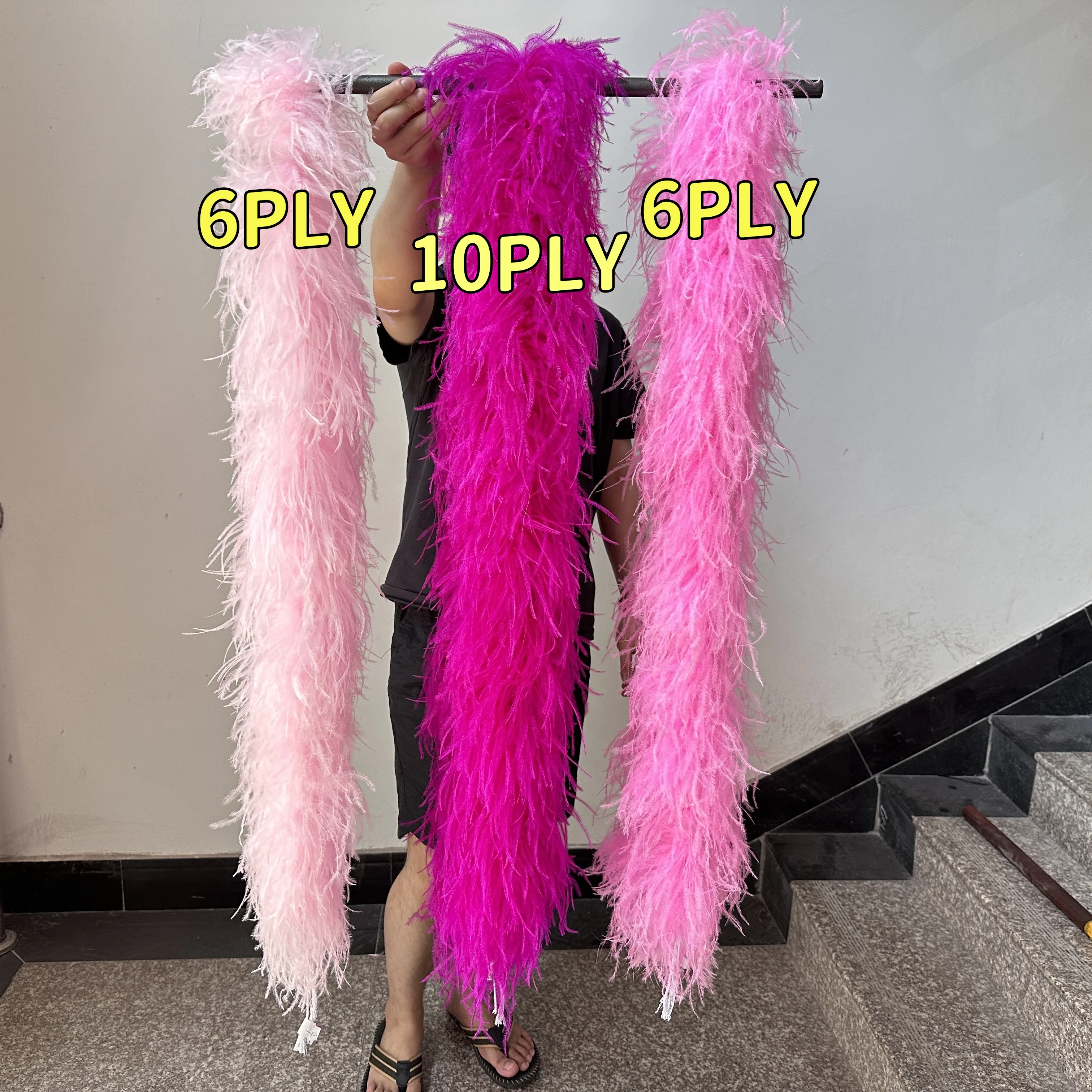 6 10Ply Pink Rose Ostrich Feathers Boa 1M 2Meter Ostrich Feather Shawl for Wedding Lady Dress Clothing DIY Decoration Scarf Boa