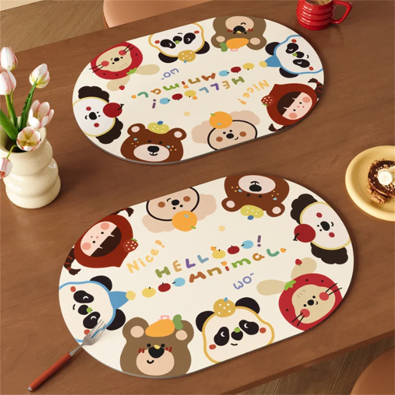 2PCS Cartoon Animal Print PU Leather Placemat High-End Feel Small Table Mat Waterproof Oil-Proof Thermal Insulation for Home Use