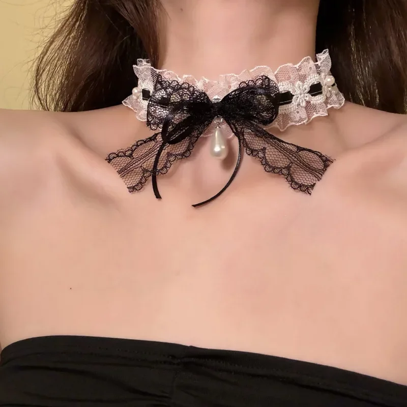 1Pc Sweet Sexy Choker Necklace for Women Ins Aesthetic Lace Bow Delicate Clavicle Chain Y2K Gothic Jewelry Choker Accessories