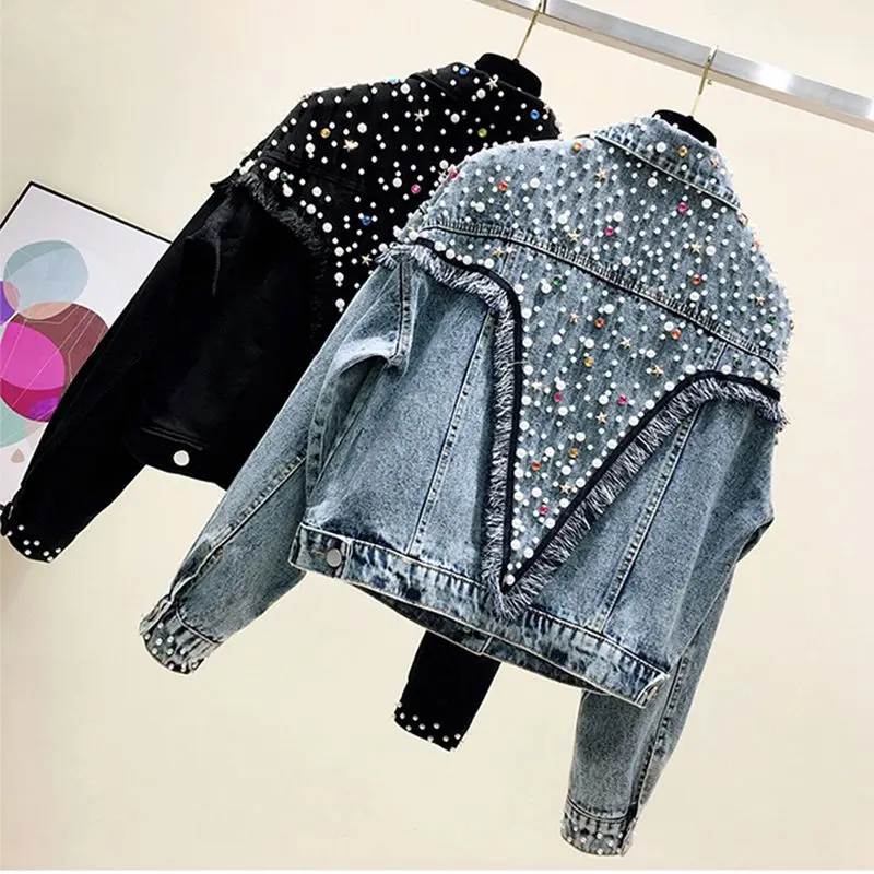 Damska kurtka dżinsowa 2024 New Spring Autumn Beading Tassel Streetwear Casual Denim Jacket High Street Korean Fringe Loose Coat 3XL