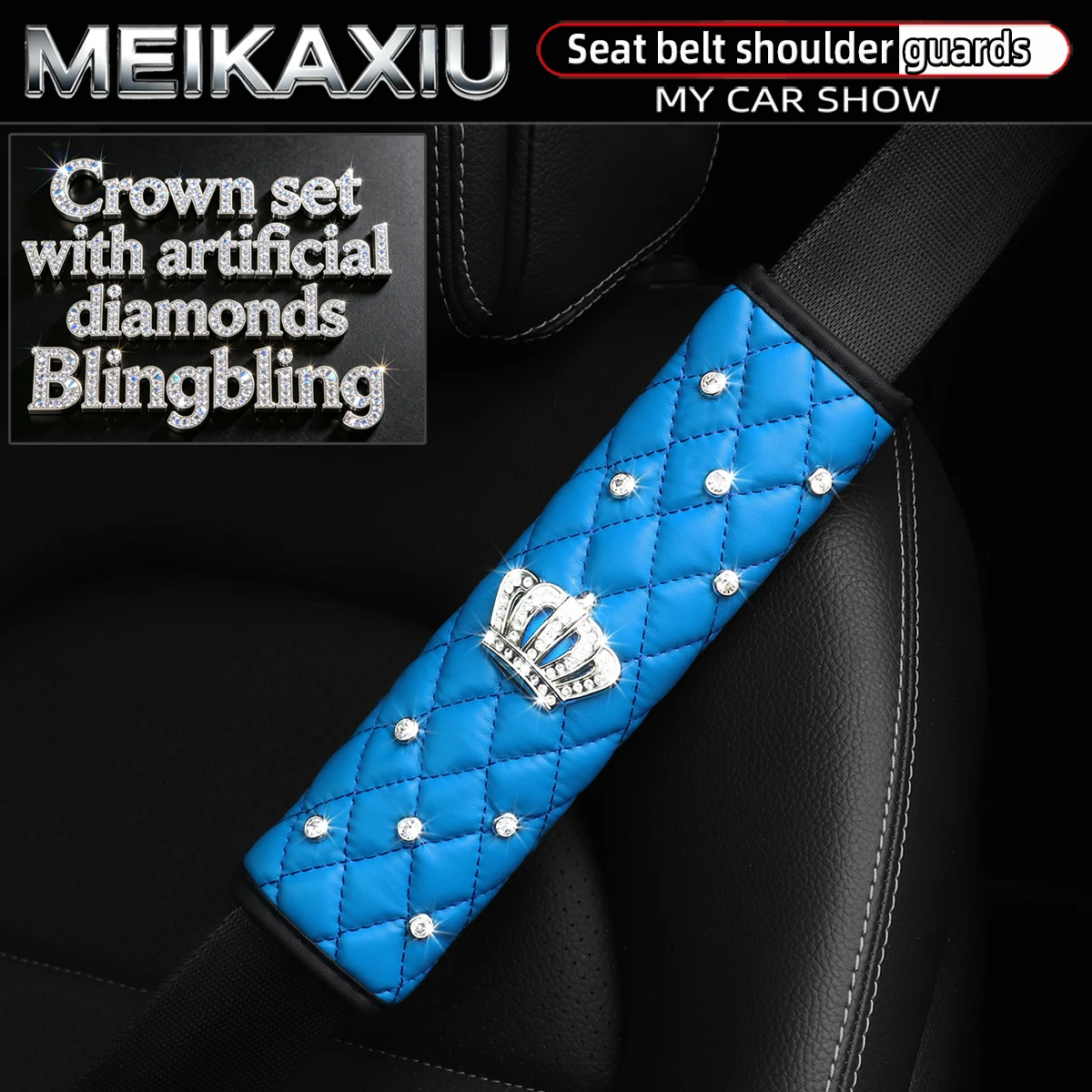 Soft Leather Diamond-Encrusted Crown Shiny Car Shoulder Guard Safety Belt Decoration for Women's Car Accessory 1PC/2PCS