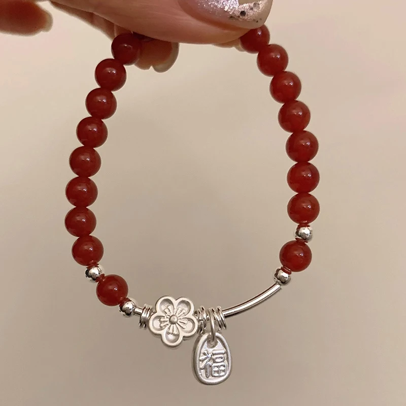 925 Sterling Silve Red Agate Bracelet for Women Flower Pendant Lucky Bead Originality Jewelry Gift Dropshipping - view 4