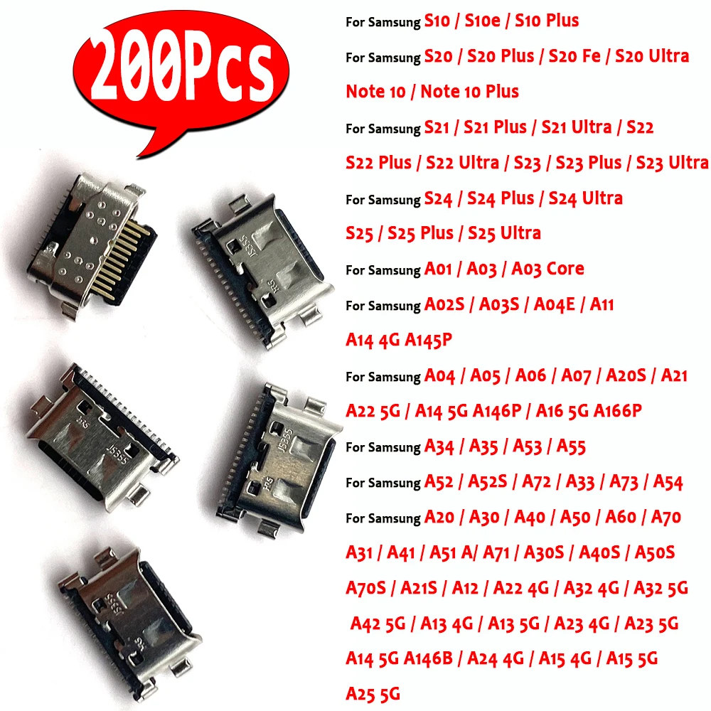 200Pcs,Micro USB Jack Charging Connectors Socket For Samsung A02S A10 A12 A14 A04 S10 S20 S21 S22 S23 S24 S25 Note 10 Plus Ultra