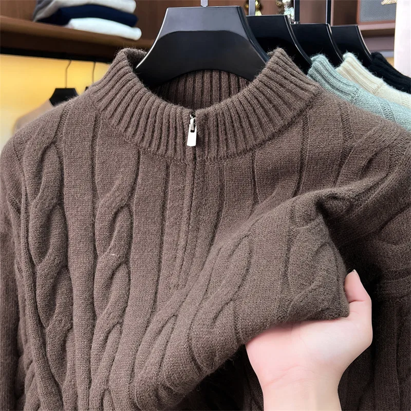 Luxury retro jacquard knitted men's sweater new solid color autumn winter comfort warm fashion half zipper stand collar pullover