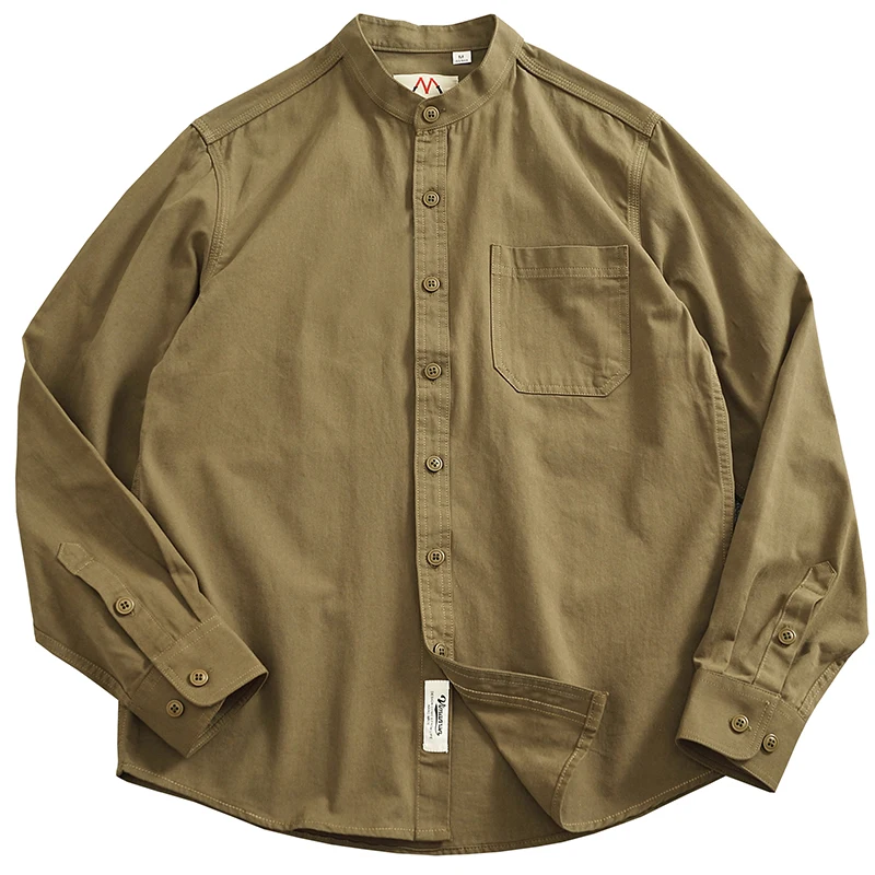 2024 Autumn New American Retro Long Sleeve Stand Collar Solid Color Shirt Men\'s Simple 100% Cotton Washed Pocket Casual Blouses