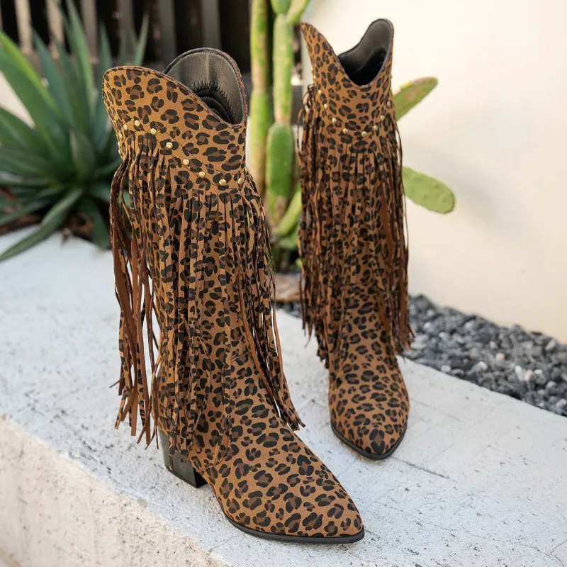 

Women's Western Cowboy Boots Suede Fringe Tassel Mid Calf Boots Pointed Toe Block Heel Side Zipper Retro Style Boots Plus Size43