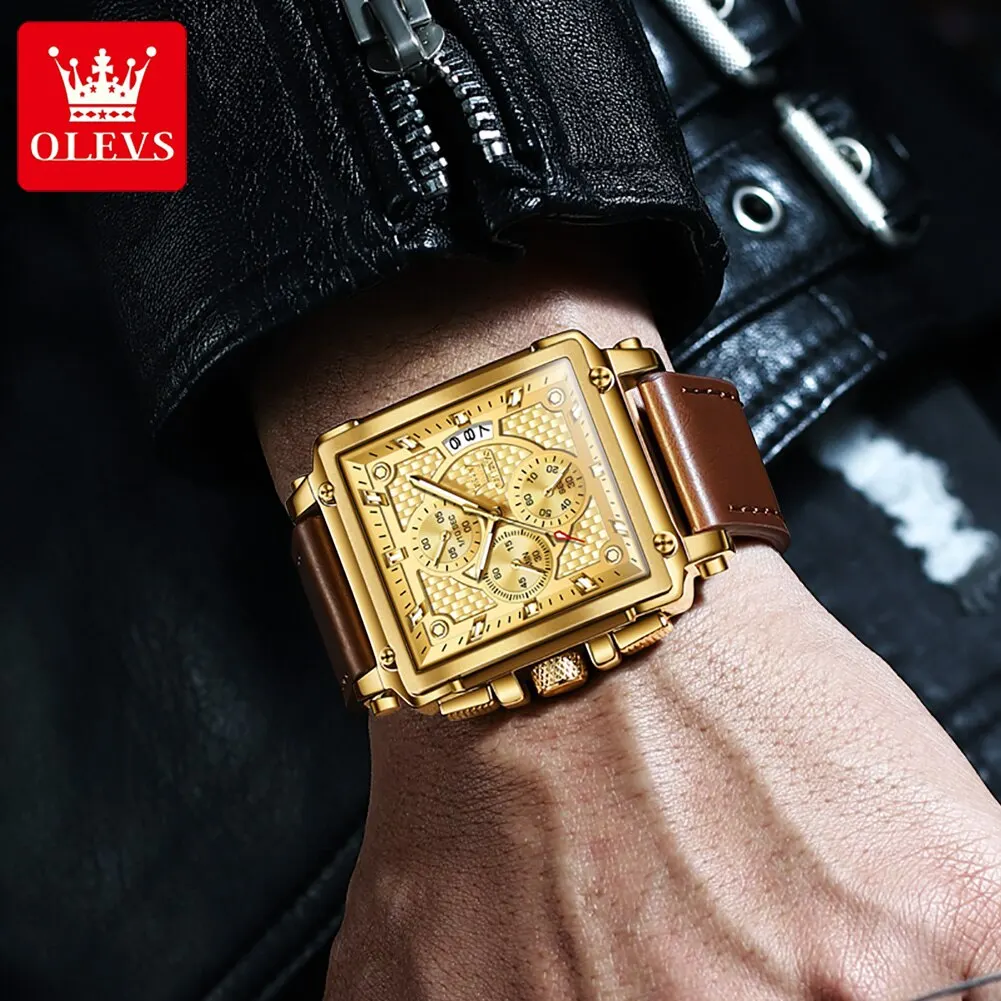 OLEVS Top Brand Men\'s Watches Luxury Square Quartz Wrist Watch Original Waterproof Luminous Chronograph Watch for Men Relogio