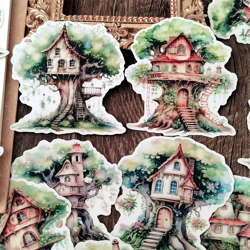 Hand-painted watercolor fairy tale retro magical tree house  Hand Ledger Stickers DIY Scrapbook Diary Happy Project Decoration