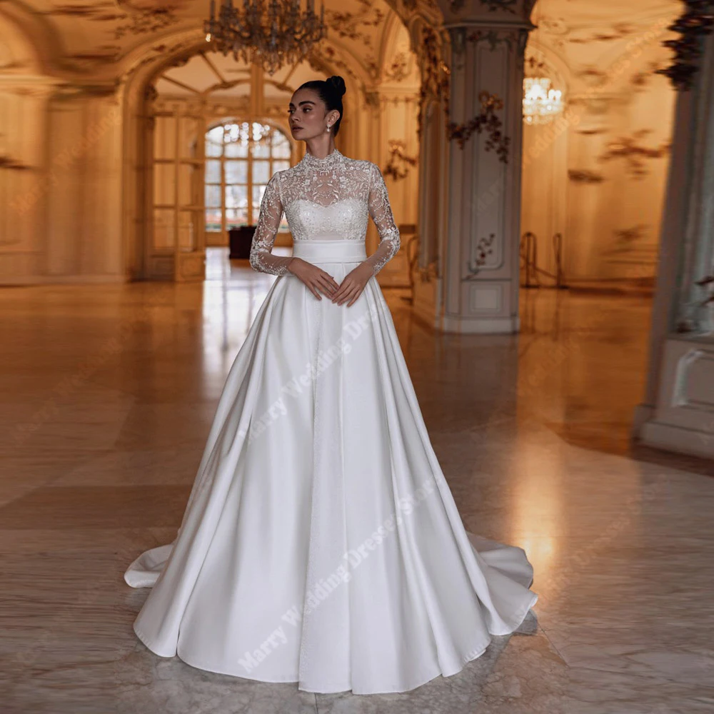 

High-Neck A-Line Women Wedding Dresses Charming Lace Long Sleeves Bridal Gowns Mopping Length Ball Vestido Para Mujer Customized
