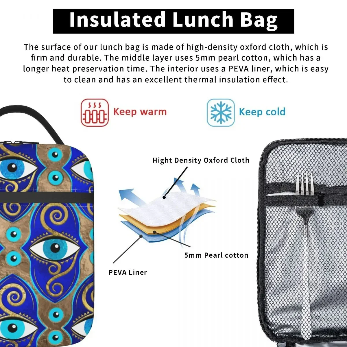 Bolsa de almuerzo con aislamiento contra el mal de ojo, contenedor a prueba de fugas, bolsa térmica, caja de almuerzo, Tote, bolsas de almacenamiento de alimentos de viaje universitario