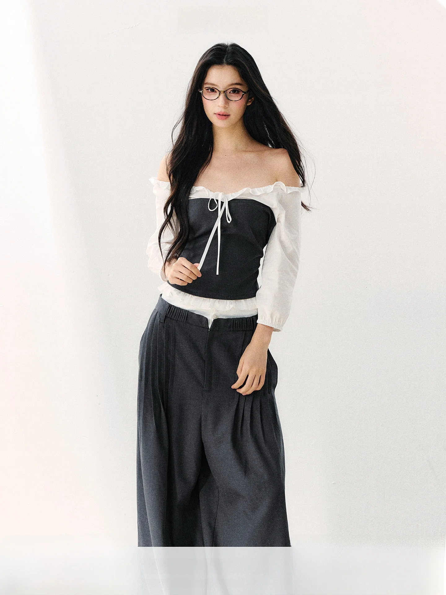 7Shiftin Original Design Shoulder Bared Bubble Sleeve Top Breathable Loose Anti Wrinkle T Shirt Lace Trim Versatile Long Sleeve