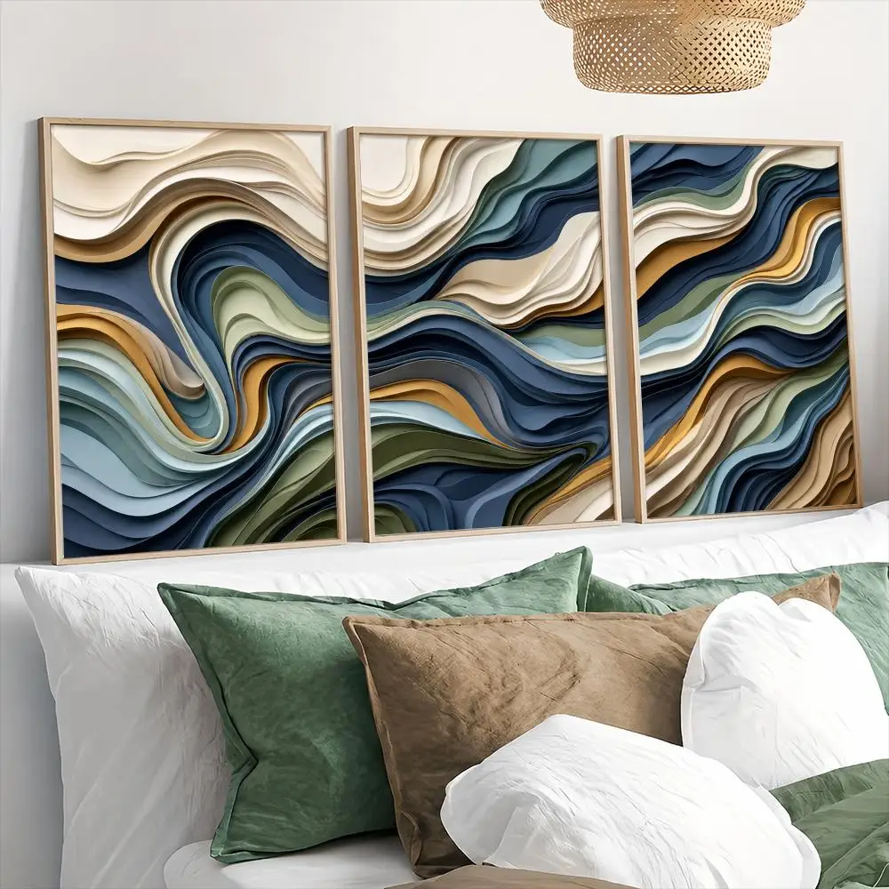 Modern Abstract Layered Paper Waves Painting Calligraphy 3 PCS Canvas Wall Art Prints for Living Room Decor Modern Wall Decals