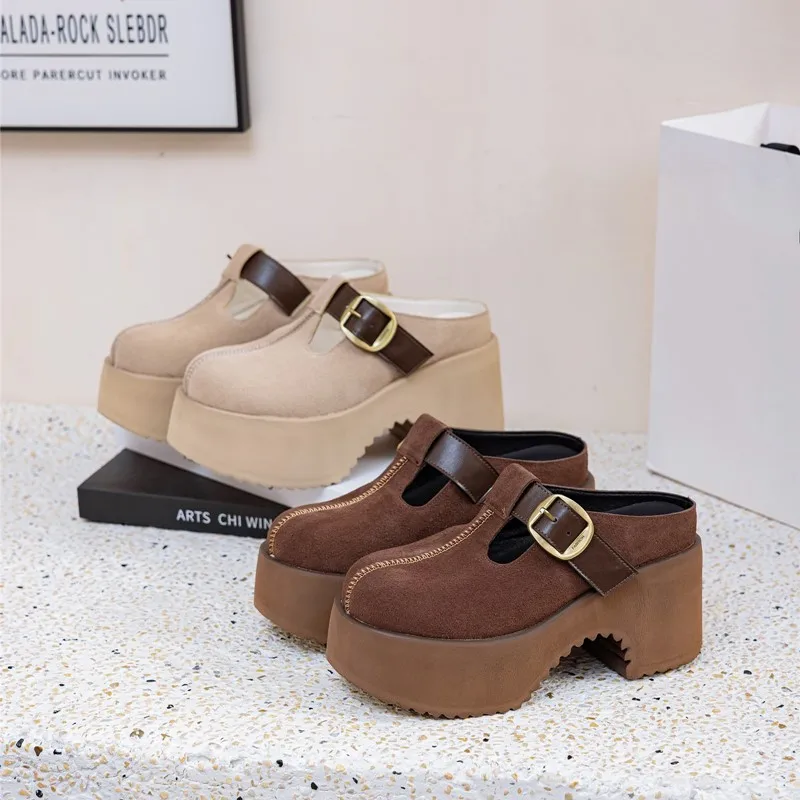 

Women Slippers 9cm High Heel Spring Season Platform Slip-On Genuine Leather Women Slippers Closed Toe Lazy Mules Women