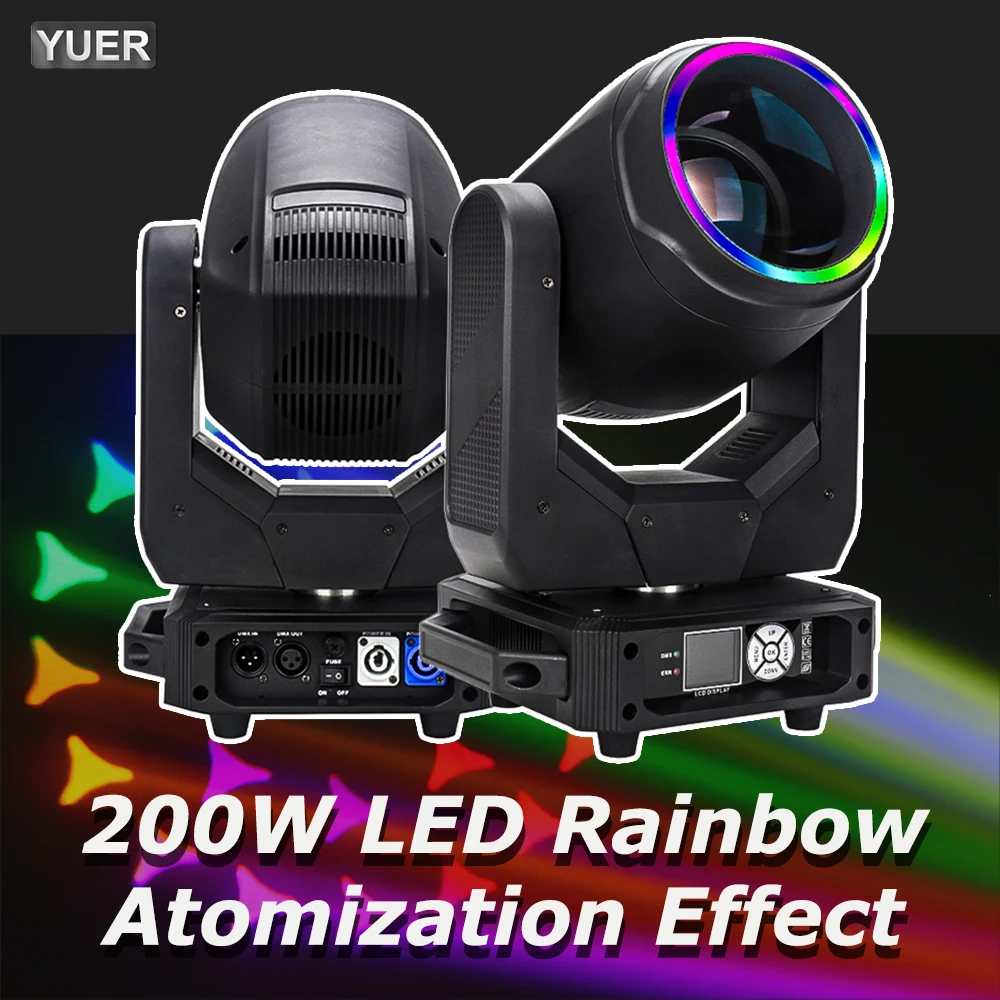 YUER With Ring 200W LED Moving Head Light DJ Disco Wedding Party DMX512 Auto Zoom Spot Lamp Atomization Rainbow Stage  Effect